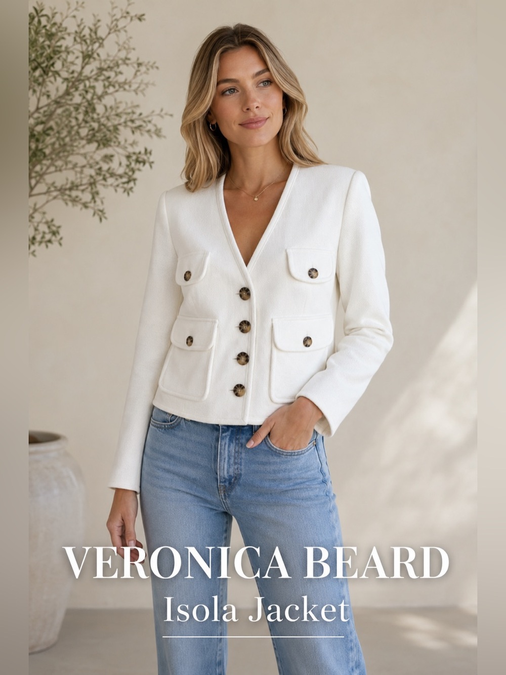 VERONICA BEARD Isola Jacket Women’s 8 Off White Stretch V-Neck Designer Nwt $598 - Picture 1 of 16